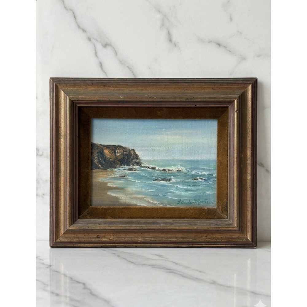 Vtg Lucila Monteer Oil Painting Coastal Seascape Framed Velvet Liner MCM Small
